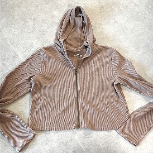 Hollister Taupe Waffle Hoodie Jacket. Lightweight. Large. Shorter. New. Full zip - Picture 2 of 4